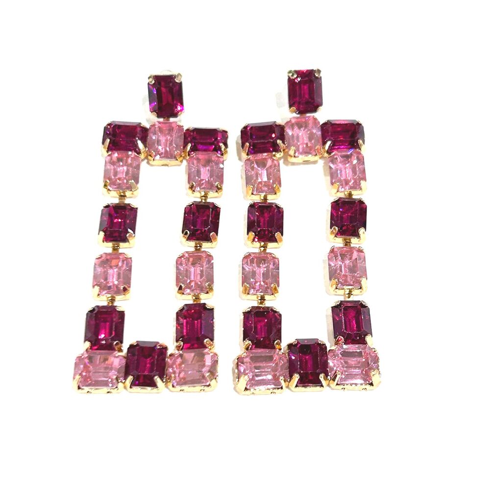 3/$39- Pink Burgundy rhinestone long dangle drop rectangle fashion earrings Glam